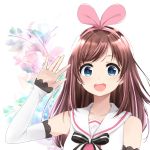  1girl :d a.i._channel absurdres blue_eyes blush brown_hair commentary_request eyebrows_visible_through_hair floral_background hairband highres kizuna_ai lace-trimmed_sleeves long_hair looking_at_viewer multicolored_hair open_mouth pink_hair pink_hairband pink_ribbon ribbon ririka_(ab-yuri) sailor_collar salute smile solo streaked_hair upper_body virtual_youtuber white_background 