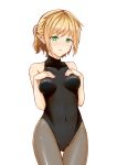  1girl absurdres black_legwear black_leotard blonde_hair breasts c.rabbit covered_navel cowboy_shot green_eyes hand_on_own_chest highres leotard looking_at_viewer medium_breasts mizuhashi_parsee pointy_ears short_hair simple_background solo standing touhou turtleneck white_background 