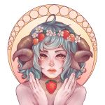  1girl ahoge androgynous animal_ears blue_hair blush commentary flower freckles hair_flower hair_ornament hands_up head_wreath horns lips looking_at_viewer nude original parted_lips shari_cote sheep_ears sheep_girl sheep_horns short_hair solo white_flower 