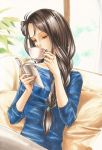  1girl blue_shirt book braid brown_eyes couch cup day drinking hair_ornament hair_over_shoulder holding holding_book indoors long_hair marker_(medium) open_book plant shirt sitting solo teacup tegaki_no_yuu traditional_media window 