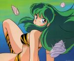  1girl 80s animal_print bikini blue_eyes eyeshadow green_hair highres long_hair looking_at_viewer lum makeup official_art oldschool oni oni_horns pointy_ears seashell shell solo swimsuit tiger_print tiger_stripes urusei_yatsura 