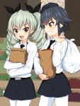  2girls :d anchovy anzio_school_uniform bag bangs belt beret black_belt black_hair black_hat black_neckwear black_ribbon black_skirt braid brown_eyes carrying closed_eyes commentary_request cowboy_shot day dress_shirt drill_hair girls_und_panzer green_hair grin grocery_bag hat highres holding long_hair long_sleeves looking_at_viewer miniskirt multiple_girls necktie open_mouth outdoors over_shoulder pantyhose paper_bag partial_commentary pepperoni_(girls_und_panzer) plastic_bag pleated_skirt red_eyes ribbon riding_crop ruka_(piyopiyopu) school_uniform shirt shopping_bag short_hair side_braid skirt smile standing twin_drills twintails v-shaped_eyebrows walking white_legwear white_shirt 