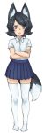  1girl animal_ears bangs black_hair blue_skirt blush closed_mouth collared_shirt crossed_arms fox_ears fox_tail full_body grey_eyes looking_at_viewer mono_(monorus) monorus no_shoes original pleated_skirt shirt short_hair short_sleeves simple_background skirt solo swept_bangs tail thigh-highs white_background white_legwear white_shirt wing_collar zettai_ryouiki 