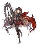  1girl armor armored_boots armored_dress blonde_hair boots cape chains foothold_trap full_body gauntlets highres jewelry jino little_red_riding_hood_(sinoalice) long_hair looking_at_viewer official_art orange_eyes ring sinoalice skirt solo standing standing_on_one_leg torn_cape transparent_background 
