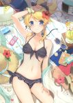  6u_(eternal_land) absurdres ayase_eli bangs bikini blonde_hair blue_eyes book collarbone digital_media_player drink drinking_straw earphones earrings eyebrows_visible_through_hair flower hair_flower hair_ornament hat hibiscus highres innertube ipod jewelry long_hair looking_at_viewer love_live! love_live!_school_idol_project lying navel on_back photo radio scan scrunchie seashell shell shiny shiny_skin smile starfish straw_hat sun_hat sunglasses swimsuit wrist_scrunchie 