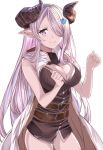  1girl blue_eyes breasts cleavage cleavage_cutout clenched_hands closed_mouth commentary_request draph granblue_fantasy hair_ornament hair_over_one_eye highres horns lavender_hair long_hair looking_at_viewer medium_breasts narmaya_(granblue_fantasy) pointy_ears sieru simple_background sleeveless smile solo standing white_background 