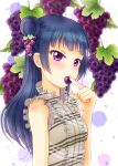  1girl bangs blue_hair blush commentary_request eating finger_to_mouth food food_on_head fruit fruit_on_head grapes hair_bun hiro9779 long_hair love_live! love_live!_sunshine!! object_on_head side_bun sleeveless solo tsushima_yoshiko upper_body violet_eyes white_background 