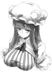  1girl bow breasts capelet crescent crescent_hair_ornament deetamu dress frills hair_bow hair_ornament hat hat_ribbon highres large_breasts long_hair looking_away mob_cap monochrome pajamas patchouli_knowledge ribbon solo striped striped_dress touhou upper_body very_long_hair white_background 