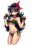  1girl :o absurdres bikini black_hair blue_eyes breasts curly_hair dragon_ball dragon_ball_(classic) fingerless_gloves gloves green_bikini hairband highres long_hair lunch_(dragon_ball) medium_breasts navel okada_(hoooojicha) open_mouth red_hairband side-tie_bikini signature solo swimsuit 