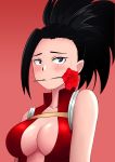  1girl black_hair blush boku_no_hero_academia breasts center_opening flower flower_in_mouth forehead highres large_breasts looking_at_viewer rose solo sweatdrop the_only_shoe yaoyorozu_momo 