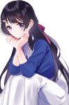  1girl black_hair blue_eyes blue_shirt blush bow braid hair_bow hair_ornament hairclip hands_on_own_cheeks hands_on_own_face head_rest long_hair looking_at_viewer misumi_(macaroni) nijisanji red_bow shirt simple_background sitting skirt smile solo tsukino_mito virtual_youtuber white_background white_skirt 