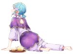  1boy ass barefoot blue_hair commentary_request cup ensemble_stars! eyebrows_visible_through_hair feet full_body hair_ornament kinakomoti long_sleeves looking_away low_ponytail male_focus open_mouth profile shino_hajime short_hair short_ponytail simple_background sitting soles solo teapot tray violet_eyes white_background wide_sleeves yokozuwari 