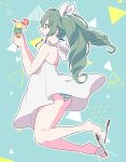  1girl anchovy artist_name ass casual commentary dress drill_hair eyebrows_visible_through_hair food from_side girls_und_panzer green_background green_hair green_panties hair_ribbon holding holding_food ice_cream_cone jumping long_hair open_mouth panties red_eyes ribbon sandals short_dress signature solo sundress tam_a_mat triangle twin_drills twintails underwear white_dress white_footwear white_ribbon 
