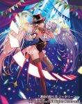  1girl bodysuit bow bowtie breasts card card_dealer_jacqueline cardfight!!_vanguard cleavage company_name covered_navel curtains earrings facial_mark feathers gloves green_eyes hat jewelry long_hair official_art one_eye_closed solo thigh-highs twintails white_hair 