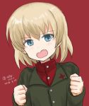  1girl bangs blonde_hair blue_eyes clenched_hands commentary dated emblem eyebrows_visible_through_hair fang frown girls_und_panzer green_jacket jacket katyusha long_sleeves looking_at_viewer mutsu_(layergreen) open_mouth pravda_school_uniform red_background red_shirt school_uniform shirt short_hair simple_background standing tearing_up turtleneck twitter_username upper_body 