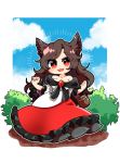  1girl animal_ears bare_shoulders basket blush_stickers brooch brown_hair chibi clouds commentary day dress full_body hands_up highres imaizumi_kagerou jewelry long_hair looking_at_viewer off-shoulder_shirt off_shoulder open_mouth outdoors red_dress red_eyes shirt smile solo surigoma touhou white_shirt wolf_ears 