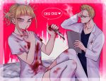  1boy 1girl bangs blonde_hair blood bloody_clothes bloody_hands bloody_knife blush boku_no_hero_academia bubaigawara_jin cigarette crest doctor double_bun drzn facial_hair finger_to_mouth glasses hat heart holding holding_knife knife looking_at_viewer nurse nurse_cap pen scar scratching_head short_hair sidelocks smoke smoking speech_bubble stitches stubble thigh-highs toga_himiko tsurime white_coat white_legwear yellow_eyes zettai_ryouiki 