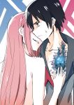  1boy 1girl black_hair blue_eyes breast_grab breasts chest_scar commentary_request couple darling_in_the_franxx grabbing hand_on_another&#039;s_chest hetero highres hiro_(darling_in_the_franxx) long_hair military military_uniform nude open_clothes pink_hair pink_x scar short_hair sweatdrop uniform zero_two_(darling_in_the_franxx) 