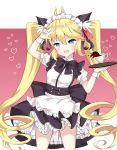  1girl :d andrea_doria_(zhan_jian_shao_nyu) animal_ears apron arm_up bangs black_bow black_skirt blonde_hair blue_eyes blush bow breasts cat_ears collared_shirt commentary_request cup frilled_apron frills hair_between_eyes head_tilt heart holding holding_tray jiucheng_nainai maid maid_headdress open_mouth puffy_short_sleeves puffy_sleeves ringlets shirt short_sleeves sidelocks skirt small_breasts smile solo teacup thick_eyebrows tray twintails v v-shaped_eyebrows waist_apron white_apron white_shirt wrist_cuffs zhan_jian_shao_nyu 