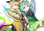  2girls antennae back-to-back black_hat black_shirt blonde_hair blue_hair breasts brown_eyes butterfly_wings caramell0501 closed_mouth dutch_angle eternity_larva green_skirt hair_ornament hat leaf_hair_ornament long_hair long_sleeves looking_at_viewer looking_back matara_okina multiple_girls parted_lips red_eyes shirt sidelocks skirt sleeveless sleeveless_shirt small_breasts smile tabard touhou transparent transparent_wings white_background wide_sleeves wings 