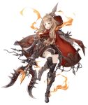  &gt;:d 1girl armored_boots blonde_hair boots chains eyes_visible_through_hair full_body gauntlets hair_ornament hairclip hood hood_down jino little_red_riding_hood_(sinoalice) official_art orange_eyes polearm ribbon sinoalice solo standing standing_on_one_leg thigh-highs transparent_background trident weapon 