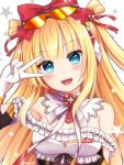  1girl bangs bare_shoulders beatmania beatmania_iidx blonde_hair blue_eyes blunt_bangs blush bow detached_collar dress eyebrows_visible_through_hair eyewear_on_head frilled_dress frills gloves hair_bow head_tilt headphones himmel_(beatmania_iidx) long_hair looking_at_viewer multicolored multicolored_clothes multicolored_dress off-shoulder_dress off_shoulder open_mouth red_bow smile solo star sunglasses tohno37 twitter_username v_over_eye white_background white_gloves 