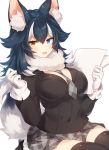 1girl :3 :d animal_ears between_breasts black_hair blue_eyes blush breasts cowboy_shot gloves grey_skirt grey_wolf_(kemono_friends) hair_flaps hands_up heterochromia holding holding_paper holding_pencil kemono_friends large_breasts multicolored_hair necktie necktie_between_breasts open_mouth paper pencil plaid plaid_neckwear plaid_skirt sitting skirt smile solo thigh-highs two-tone_hair white_gloves white_hair yamaarashi yellow_eyes 