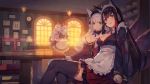  4girls akagi_(azur_lane) animal_ears apron ayanami_(azur_lane) azur_lane black_hair cafe cup fox_ears fox_tail japanese_clothes kaga_(azur_lane) long_hair looking_at_viewer maid short_hair silver_hair sitting skirt sunset table tail teacup thigh-highs yasumo_(kuusouorbital) yuudachi_(azur_lane) zettai_ryouiki 