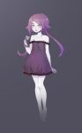  1girl arm_at_side arm_up bare_shoulders closed_mouth commentary dress full_body grey_background highres lavender_hair long_hair looking_at_viewer original purple_dress purple_hair purple_lips shari_cote shiny shiny_hair simple_background sleeveless sleeveless_dress solo standing 