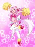  1girl ass bangs bare_shoulders blush bow bubble clover clover_earrings cure_yell double_bun flower forehead_jewel four-leaf_clover full_body gabayo hair_flower hair_ornament hair_ribbon heart hugtto!_precure long_hair looking_at_viewer magical_girl midriff miniskirt navel nono_hana off-shoulder_shirt open_mouth outstretched_arms pink_background pink_eyes pink_footwear pink_hair pink_shirt pink_skirt pom_poms precure red_bow red_ribbon ribbon see-through shirt shoe_bow shoes skirt smile solo sparkle standing standing_on_one_leg thigh-highs very_long_hair white_bow white_legwear 