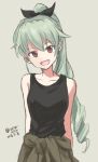  1girl :d alternate_hairstyle anchovy arms_behind_back bangs black_ribbon black_shirt clothes_around_waist drill_hair eyebrows_visible_through_hair girls_und_panzer green_hair grey_background grey_jacket hair_ribbon head_tilt jacket jacket_around_waist long_hair looking_at_viewer mutsu_(layergreen) open_mouth ponytail red_eyes ribbon shirt single_drill smile solo standing tank_top upper_body 