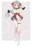  1girl :d bangs black_gloves bow cleavage_cutout fang full_body gloves grey_background grey_hair grey_legwear grey_shorts hair_bow half_gloves hands_up highres long_hair navel notsugi_(sasasasa_oriori) open_mouth original outside_border red_bow red_eyes short_shorts shorts single_knee_boot single_thigh_boot single_thighhigh smile solo standing standing_on_one_leg striped thigh-highs thigh_strap translated vertical_stripes white_border 
