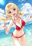  1girl ahoge arms_up ashiya_hiro beach bikini blonde_hair blue_eyes blue_sky breasts clouds cowboy_shot day dutch_angle hachimiya_meguru highres horizon idolmaster idolmaster_shiny_colors layered_bikini leaning_forward long_hair low_twintails lowleg lowleg_bikini open_mouth outdoors red_bikini sky smile solo swimsuit twintails 