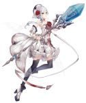  1girl blood bloody_clothes blue_eyes breasts crystal detached_sleeves dress flower full_body hat high_heels holding holding_staff jino official_art platform_footwear rose see-through side_ponytail sinoalice small_breasts snow_white_(sinoalice) solo staff thigh-highs transparent_background white_hair 