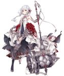  1girl bare_shoulders blood bloody_clothes blue_eyes boots breasts dress dress_lift elbow_gloves flower full_body gloves hair_flower hair_ornament hammer holding holding_hammer holding_weapon jino looking_at_viewer official_art rose serious sinoalice small_breasts snow_white_(sinoalice) solo thigh-highs thigh_boots transparent_background weapon white_hair 