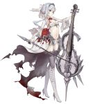  1girl blood bloody_clothes blue_eyes bow_(instrument) breasts cello flower full_body high_heels instrument jino midriff navel official_art revealing_clothes ribbon rose side_ponytail sinoalice small_breasts snow_white_(sinoalice) solo thigh-highs tiara transparent_background white_hair 