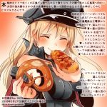  1girl ^_^ bare_shoulders bismarck_(kantai_collection) blonde_hair bread closed_eyes colored_pencil_(medium) commentary_request dated detached_sleeves food hat holding holding_food kantai_collection kirisawa_juuzou long_hair military military_hat military_uniform no_gloves numbered peaked_cap smile solo traditional_media translation_request twitter_username uniform 