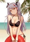  1girl azur_lane bare_arms bare_shoulders beach bikini black_bikini black_bow blurry blurry_background bow breasts commentary contrapposto cowboy_shot day depth_of_field earrings grey_hair hair_bow head_tilt highres innertube iron_cross jewelry kamikakushi_no_ocarino large_breasts long_hair looking_at_viewer multicolored_hair navel orange_eyes outdoors palm_tree prinz_eugen_(azur_lane) side-tie_bikini skin_tight solo standing streaked_hair swimsuit tree twintails v_arms 