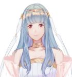  1girl bare_shoulders blue_hair bridal_veil bride dress fire_emblem fire_emblem:_rekka_no_ken fire_emblem_heroes hair_ornament jewelry llicornia long_hair looking_at_viewer mamkute necklace ninian red_eyes smile solo veil wedding_dress 