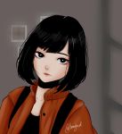  1girl backpack bag bangs black_eyes black_hair black_shirt bnnyhood closed_mouth commentary freckles grey_background jacket light_smile looking_at_viewer orange_jacket original red_lips shirt short_hair solo 