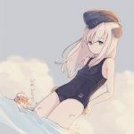  2girls black_swimsuit blonde_hair blue_eyes blue_sky breasts clouds commentary_request cowboy_shot day dutch_angle garrison_cap hat highres i-58_(kantai_collection) kantai_collection kokudou_juunigou long_hair multiple_girls outdoors school_swimsuit sky small_breasts solo_focus swimsuit u-511_(kantai_collection) water 