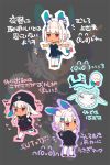  1girl animal_ears apron bandage black_hoodie black_jacket bow chibi dark_skin detached_collar fake_tail hair_ornament hairclip headband horned_headwear horns jacket nigo original sandals short_hair_with_long_locks tail thigh-highs tied_hair violet_eyes virtual_youtuber waist_apron white_hair white_legwear zettai_ryouiki 