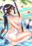  1girl ass azur_lane backless_outfit ball bangs bare_shoulders beach beachball black_hair blush bokken bow breasts butt_crack character_name collarbone criss-cross_halter erect_nipples eyebrows_visible_through_hair flower frown hair_bow hair_flower hair_ornament halterneck highres holding holding_sword holding_weapon large_breasts long_hair looking_at_viewer looking_back ocean one-piece_swimsuit planted_sword planted_weapon ponytail seashell seiza shell shiny shiny_hair sitting solo starfish swimsuit sword swordsouls takao_(azur_lane) very_long_hair weapon wet white_swimsuit wooden_sword yellow_eyes 