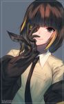  1girl artist_name bangs black_neckwear blonde_hair braid brown_eyes brown_hair eyebrows_visible_through_hair eyepatch girls_frontline gloves hand_to_own_face highres jacket light_particles long_hair looking_at_viewer m16a1_(girls_frontline) mole mole_under_eye multicolored_hair necktie off_shoulder saku_t smile solo streaked_hair upper_body 
