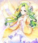  1girl angel_wings aya_(aya_op10s) blonde_hair blush closed_mouth colored_eyelashes commentary_request dress elona feathered_wings flower goddess green_eyes green_hair hair_flower hair_ornament hands_up hat head_wings highres juliet_sleeves jure_of_healing long_hair long_sleeves multicolored_hair multiple_wings own_hands_together puffy_sleeves rose smile solo two-tone_hair very_long_hair wavy_hair white_flower white_rose white_wings wide_sleeves wings yellow_dress yellow_hat yellow_wings 
