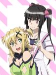  2girls :d absurdres akatsuki_kirika bangs blunt_bangs bow breasts commentary_request green_eyes hair_bow hair_ornament highres large_breasts long_hair looking_back medium_breasts miyabi_mt-b multiple_girls open_mouth purple_bow senki_zesshou_symphogear short_sleeves sidelocks skirt smile tsukuyomi_shirabe twintails twintails_day two_side_up very_long_hair violet_eyes x_hair_ornament 