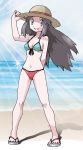  1girl beach bikini blue_(pokemon) blue_bikini_top blue_sky breasts brown_eyes brown_hair cleavage day feet full_body hat hat_tip highres navel ocean outdoors pokemon pokemon_(game) pokemon_frlg sideboob sky slippers smile solo straw_hat swimsuit teru_zeta 