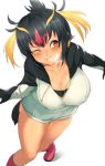  1girl bare_legs black_hair blonde_hair blush boots breasts cleavage commentary_request erect_nipples eyebrows_visible_through_hair from_above gloves groin headphones hood hood_down hoodie kemono_friends large_breasts multicolored_hair one_eye_closed parted_lips pekoneko pink_footwear red_eyes redhead rockhopper_penguin_(kemono_friends) short_hair simple_background solo standing tail white_background 