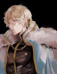  1boy black_background blonde_hair cape contest_winner fate/grand_order fate_(series) fur-trimmed_cape fur_trim gawain_(fate/grand_order) hair_between_eyes highres looking_at_viewer male_focus parted_lips pesso_fgo pixiv_fate/grand_order_contest_1 short_hair solo tears 