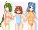  3girls ahoge blue_eyes blue_hair blue_swimsuit braid brown_eyes brown_hair casual_one-piece_swimsuit cowboy_shot double_bun fang finger_to_mouth flat_chest gluteal_fold green_hair hair_ornament hairclip ikazuchi_(kantai_collection) kantai_collection kurogane_daichi long_hair mole mole_under_mouth multiple_girls one-piece_swimsuit open_mouth orange_swimsuit pink_swimsuit polka_dot polka_dot_background short_hair single_braid smile swimsuit turtleneck urakaze_(kantai_collection) very_long_hair white_background yuugumo_(kantai_collection) 